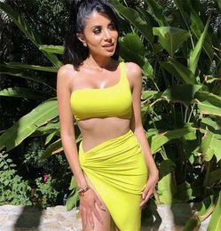 Work Dresses Women Bodycon Set Two Piece One Shoulder Crop Top And Mini Skirt Bandage Sexy Clubwear Yellow Black White Rose Red