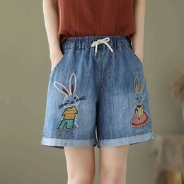 Women's Shorts Women Rabbit Printed Denim Shorts Summer National Wind Embroidery Sloping Thin Loose Old Waist Five Points Trousers Harajuku Y240504