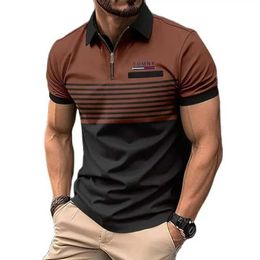 Men's Polos Mens Fashion Casual POLO Shirt Chest Fake Pocket Flip Collar Zipper Business T-shirt 3D Stripe Top Print TOMNY Q240509