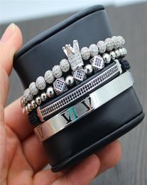 4pcsset Classical Handmade Braiding Bracelet Gold Hip Hop Men Pave CZ Zircon Crown Roman Numeral Bracelet Luxury Jewelry6030645