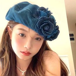 Berets Fashion Flower Denim Beret Hats For Women Girls Spring Summer Sweet Cowboy Cap Korean Casual Artist Painter Caps 2024