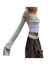 Women's T Shirts Women Y2K Crochet Knit Crop Tops Pullover Sweater Long Sleeve Hollow Out Square Neck Cover Up Top 90S Streetwear