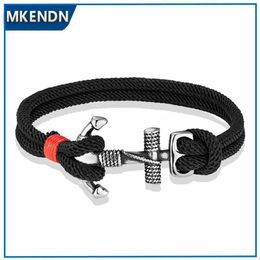 Charm Bracelets MKENDN Minimalist Sailing Bracelet For Men Women Stainless Steel Anchor With Double Strand Nautical Nylon Rope Sailor Bracelet Y240510
