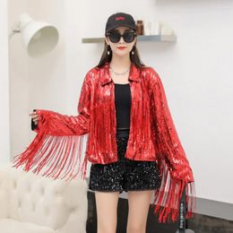 Women's Jackets Female Stage Costume Reflective Tassel Sequin Blazer Outwear Tops Retro Long-sleeved Coat Streewear Solid Outer Wear