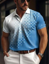 Mens Mesh Fabric Polo Shirt Button Up Lapel Golf Plaid Graphic Prints Geometry Street Casual Short Sleeve 240518