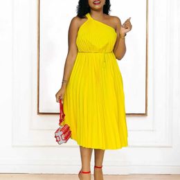 Plus size Dresses 2024 Casual Dresses Women One Shoulder Big Swing Strap Pleated Dress Solid Colour Bandage Summer Plus Size Dresses Y240510