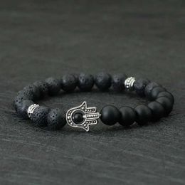 Charm Bracelets New Men Strand Bracelet Classic Fatima Braclet Natural Volcanic Rock Braslet Meditation Tibetan Brazalete Armband Herren Pulsera Y240510