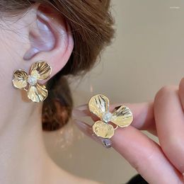 Stud Earrings Minimalist Pearl Metal Flower For Women Sweet Fashionable Versatile Party Jewellery