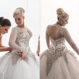2019 Plus-Size Ball Gown Wedding Dress V Neck Long Sleeve Appliques Beaded Back Cover Button Puffy Tulle Bridal Gown Custom Made Hot Sa 280O
