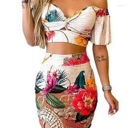 Work Dresses Printed Tight Skirt Two Piece Set Women Cropped One Shoulder Low Cut Sexy Top High Waist Slit Slim Short Skirts Sets Summer