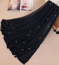 Woman Maxi Plain Pearl Beads Jersey Hijab Scarf Polyester Cotton Shawl Snood Muslim Sjaal Head Wrap Solid Foulard Stole 18080Cm Y8475951