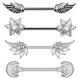 Nipple Rings 2Pcs High Quality Zircon And Angel Wings Feather Angel Wings Body Nipple Rings Jewelry Women Bar Barbell Breast Cover Jewelry Y240510