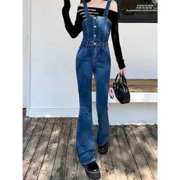 Women's Jumpsuits Rompers Solid Jumpsuits for Women Button Design Flared Pants Vintage One Piece Outfit Women Clothing Safari Style Loose Casual Rompers Y240510