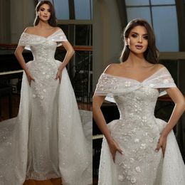 Gorgeous Mermaid Wedding Dresses 3D-Floral Appliques Bridal Gowns Detachable Train Sequins Off Shoulder Custom Made Bride Dress Vestidos De Novia
