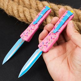 Special Offer R1702 Small Automatic Tactical Knife D2 Blued Blade Doughnut Aviation Aluminium Handle Outdoor Mini EDC Pocket Knives with Nylon Bag