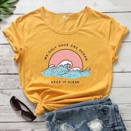 Women's T-Shirt Womens Alphabet Printed T-shirt we only have one Ocean Kp. Its a clean colored top fashionable womens O-neck graphic Earth Day quotation T Y240509