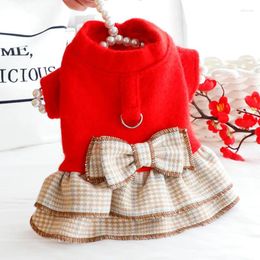 Dog Apparel Autumn Bow Dresses Pet Clothes Red Cream Coat With Plaid Tutu Skirt XS XL For Chihuahua Yorkshire Girl Female Poodle