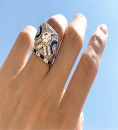 Vintage Fashion Jewelry 925 Sterling Silver Fill Blue Sapphire CZ Diamond Gemstones Eternity Women Wedding Bridal Ring Set For Mot9956333