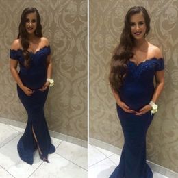 Navy Blue Maternity Long Evening Dress High Quality Mermaid Off The Shoulder Pregnant Women Wear Prom Party Dress Formal Event Gown 176O