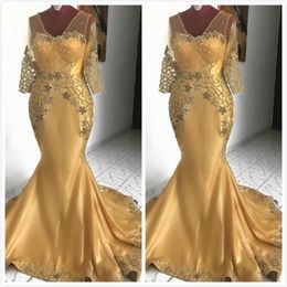 gold sexy mermaid african mother of bride dresses vneck lace beaded mother of groom dresses cheap formal party evening gowns zj18 319N