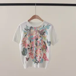 Women's T Shirts Koean Fashion Short Sleev Flower Print Women Graphic Knitted Tops Clothes Butterfly Tees