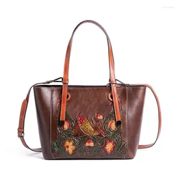 Shoulder Bags 2024 Vintage Style Luxury Handbags Women Large Capacity Bucket Bag Genuine Cowhide Handmade Embossing Women's