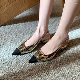 Casual Shoes Color Block Heel French Sandals Pointed Toe Elegant Flats Patent Leather Pumps Shallow Back Women Sandalias Mujer