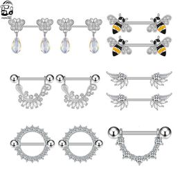 Nipple Rings 1 Pair 14G Butterfly Bee Nipple Piercings Bar Women Nipple Rings Shield Cover Barbell Breast Crystal Steel Body Piercing Jewelry Y240510