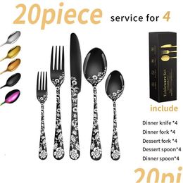 Dinnerware Sets 20 Piece Flatware Set Stainless Steel Tableware Cutlery For 4 Unique Pattern Design Includes Dinner Knives/Forks/Spoon Dhhds