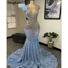 Sparkly Dimoands Baby Blue Prom Beads Crystal Rhinestones Feathers Graduation Party Dress Birthday Reception Robe
