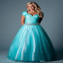 Teal Ball Gown Modest Prom Dresses With Cap Sleeves Long Floor Length Crystals Ruched Sparkly Teens Modest Formal Party Dresses Short S 318e