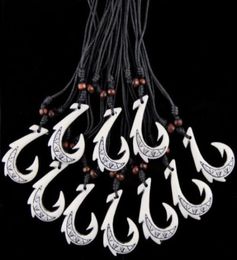 Fashion Jewelry Whole lot 12pcs cool Simulation Bone Carved White Hawaiian Maori Fish Hook Pendant Amulet Necklace drop shippi3838622