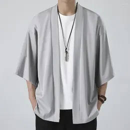 Men's Jackets Men Breathable Shirt Japanese Style Kimono Cardigan Jacket Solid Color Costume Clothes Three Quarter Sleeve