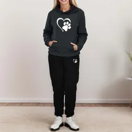 Women's Two Piece Pants Hooded Sets Fashion Sweatshirt Love Print Sweatpants Fleece Casual Long Sleeve Sporty Tracksuit Sudaderas