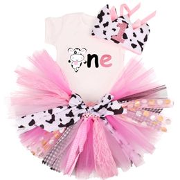 Clothing Sets 1 Year Girl Cow Birthday Dress Outfit Baby Girls 1st Birthday Party Tutu Set Baby Shower High Chair Banner Vestidos Infanti T240509