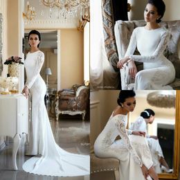 Modest Mermaid Wedding Dresses Lace Appliqued Beaded Berta Sweep Train Boho Wedding Dress Bridal Gowns Sleeves abiti da sposa 244R