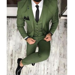 Hot Sale Olive Green Mens Suits Notched Lapel Groomsmen Wedding Tuxedos For Men Blazers Three Pieces Formal Prom Suit Jacket Pants Vest 241w