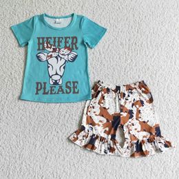 Clothing Sets Fashion Baby Girls Bullhead Blue Short-sleeved Ink Pattern Shorts Suit Wholesale Boutique Children Clothes