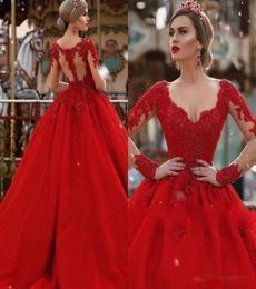 charming Red A Line Quinceanera Dresses Lace Appliqued Sexy Illsion Long Sleeves Floor Length Prom Dresses Sweet 16 Wears9523827