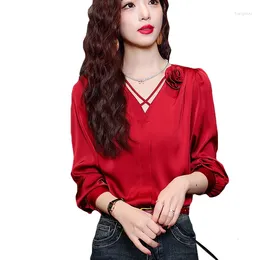 Women's Blouses 3d Flower Red Women Office Lady Shirts Tops