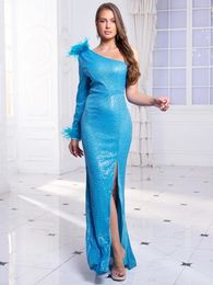 Casual Dresses One Sleeve Feather Sequined Long Evening Party Maxi Dress Split Front Elegant Prom Gown For Women