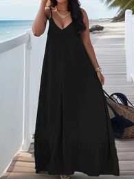 Plus size Dresses 2024 European and American Plus Size womens cross-border summer new V-neck solid color suspender dress Y240510