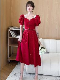 Party Dresses Wine Red Dress Women Summer Solid Colour Beaded Sequin Square Collar Lantern Sleeve Mid-length A-line Skirt Female Clothing