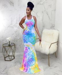 Casual Dresses Rainbow Tie Dye Print Summer Mermaid Long Dress Women Sleeveless Back Cut Out Party Elegant Female Bandage Bodycon6340165