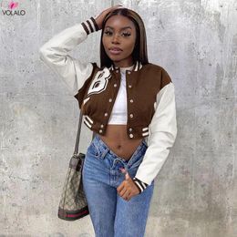 Women's Jackets VOLALO Brown Baseball Fashion Fall For Women Patchwork Button Black Crop Top Coats Red Varsity Bomber Jacket