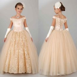 Pageant Dresses For Girls Teens Off Shoulder Appliques Lace Princess Flower Girl Dresses Gowns Children Lace Up Birthday Dress girl gow 300L