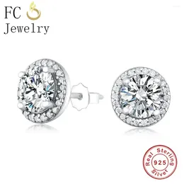 Stud Earrings Real 925 Silver Minimalist Round Circle Clear Crystal Stone Earring Women Boucles D Oreilles Brincos Jewelry 2024 Fashion