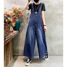 Women's Jumpsuits Rompers Blue Denim Jumpsuits for Women Korean Style Vintage Playsuits Wide Leg Pants Loose Trousers Oversized Overalls for Women Clothes Y240510