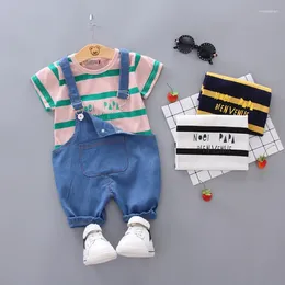 Clothing Sets Summer Trendy Men's And Children's Striped Round Neck T-shirt Short Sleeved Denim Shoulder Strap Shorts Two-piece Set