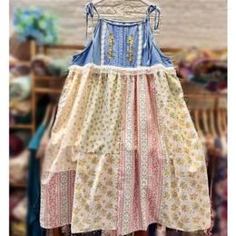 Casual Dresses Summer Vintage Denim Patchwork Midi Long Dress Beach Cottagecore Boho Bohemian Gypsy Hippie Ibiza Sleeveless Mori Girl